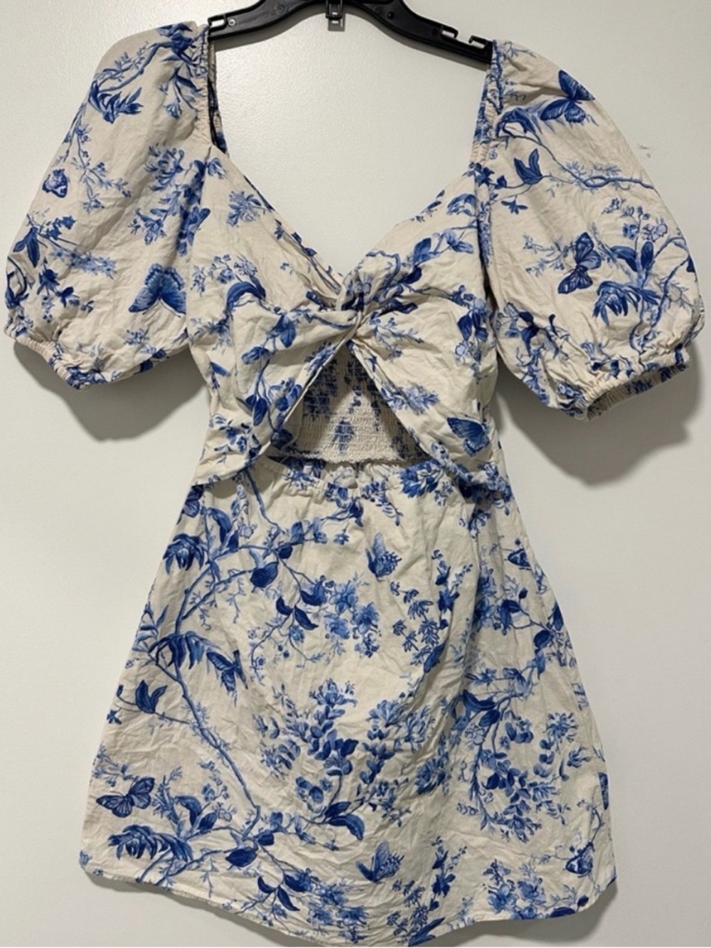 H&M White and Blue Floral Tie-Front Mini Dress